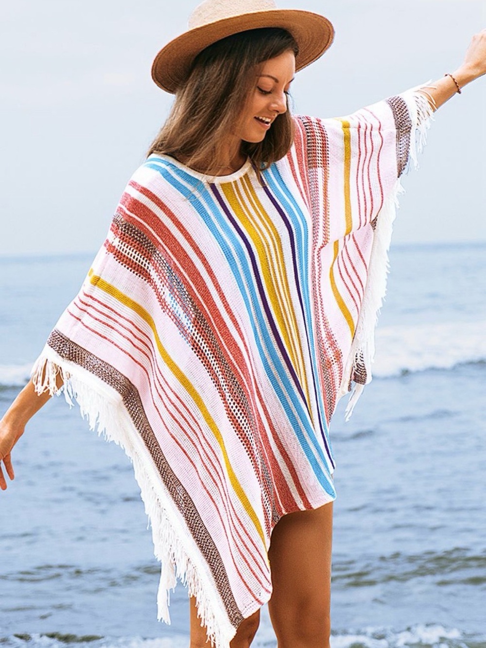 Cupshe Multicolor Striped Fringe Swim Coverup - White, Blue, Yellow, Rust